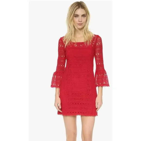 Nanette Lepore Free Spirit Red Lace Dress 6 Bell Sleeves Elegant & Feminine Nanette Lepore Free Spirit Red Lace Dress 6 Bell Sleeves Elegant & Feminine